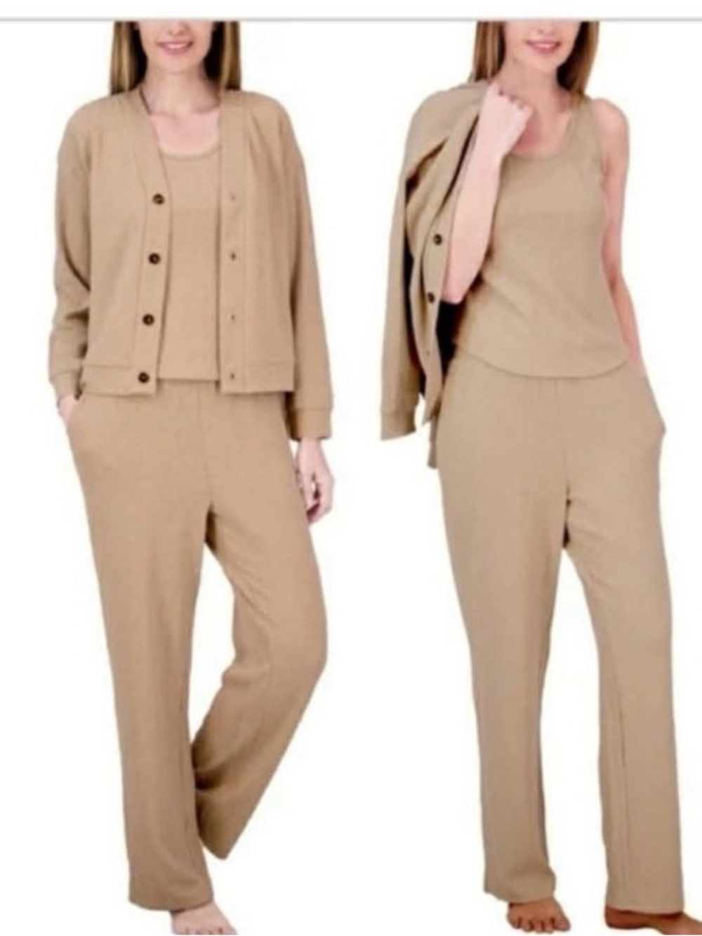 Live 2 lounge Women's 3-Piece Pajama Set in Tan — Tank, Jacket & Pants